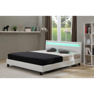 LIT LED EN BOIS ET SIMILI-CUIR AVEC SOMMIER  A LATTES