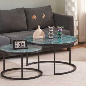 TABLE BASSE GIGOGNE ROMEO METAL NOIR MARBRE GRIS-VERT