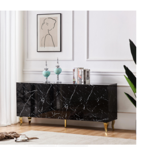 BUFFET BAROQUE LAQUE MARBRE NOIR 4 PORTES 180X40X80 CM PIEDS GOLD