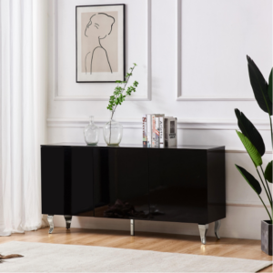 BUFFET BAROQUE LAQUE NOIR 3 PORTES 160X40X80CM PIEDS CHROME