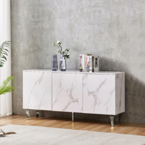 BUFFET BAROQUE LAQUE MARBRE BLANC 3 PORTES 160X40X80 CM PIEDS CHROME