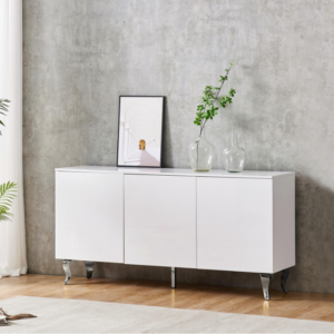 BUFFET BAROQUE LAQUE BLANC 3 PORTES 160X40X80 CM PIEDS CHROME