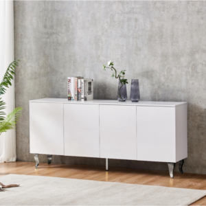 BUFFET BAROQUE LAQUE BLANC 4 PORTES 180X80X40 CM PIEDS CHROME